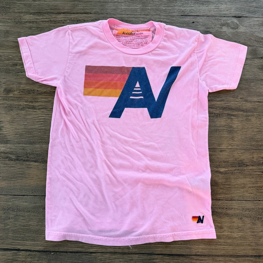 Aviator Nation Kids Pink Retro Rainbow Logo Graphic T-Shirt Size 10 USA Made